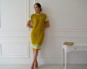 Knitted Dress, Short Knit Dress, Wool Dress with Openwork Sleeves and Turtleneck, Custom Size Dress, Autumn, Winter, Spring Dress