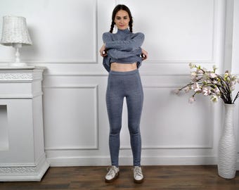 Wool Knit Leggings, Grey with Cable Details and Custom Leg Length, Made to Measure