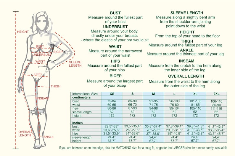Puede incluir: Un diagrama que muestra c&oacute;mo medir diferentes partes del cuerpo para las tallas de ropa. El diagrama muestra a una mujer de pie con l&iacute;neas que indican d&oacute;nde medir el busto, el debajo del busto, la cintura, las caderas, la longitud de la manga, la altura, el muslo, el tobillo, la entrepierna y la longitud total. Una tabla muestra las medidas correspondientes en pulgadas y cent&iacute;metros para diferentes tallas: XS, S, M, L, XL y 2XL.