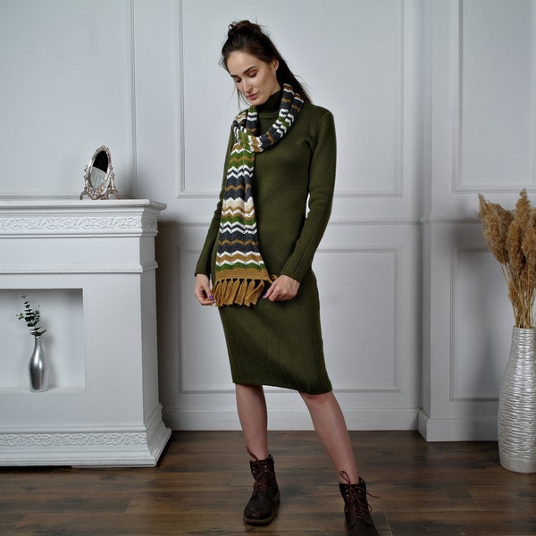 OLIVE WOOLEN DRESS, Wool Dress, Jacquard knit dress for cold season, Turtleneck dress, Warm woolen dress, Knitted dress, Below-knee dress