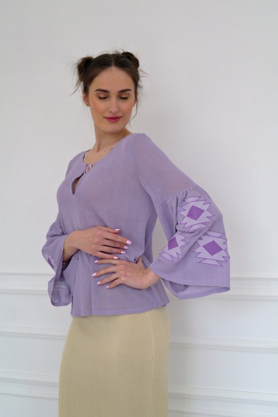 Knitted Blouse Bell-shaped Sleeves Cotton Blouse Lavender - Etsy