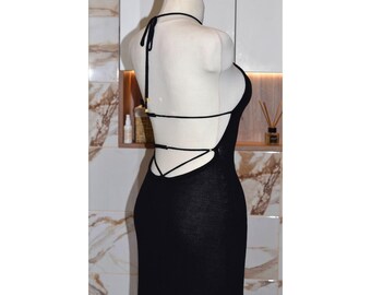 Hand Knit Silk Blend Little Black Dress, Open Back Mini Dress