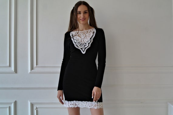 Black Mini CROCHET Dress, Short Evening Dress, Black & White Dress, Knitted Party Dress, Mini Black Dress, Handmade Slip Dress, Luxury dress