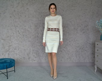 Vestido de punto con espalda de encaje irlandés hecho a mano, vestido de punto de lana con espalda transparente, vestido de punto de lana, vestido de punto hasta la rodilla, vestido de punto elegante