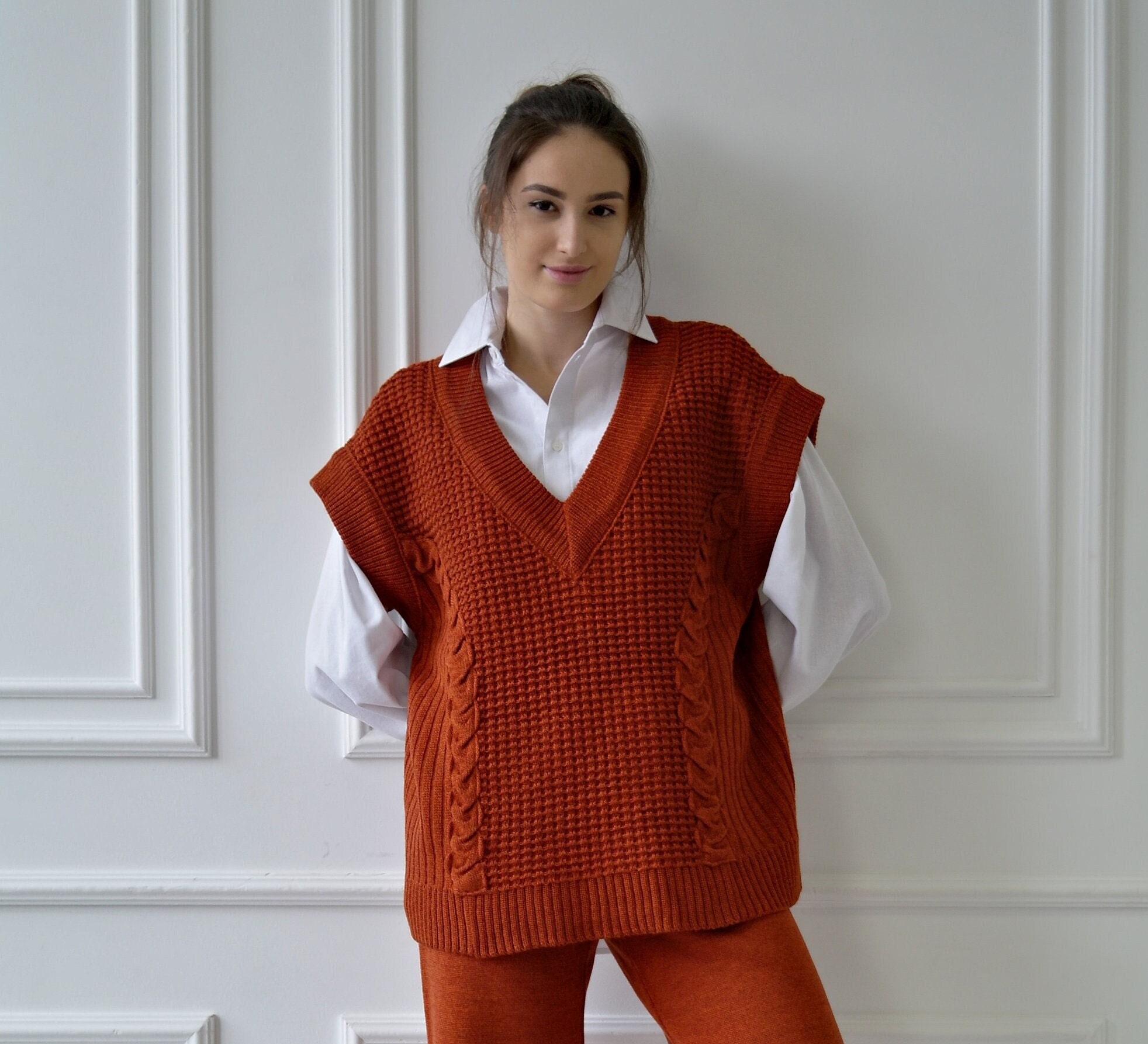 Womens KNITTED VEST, Oversize Vest, Wool Cable Knit Vest, V