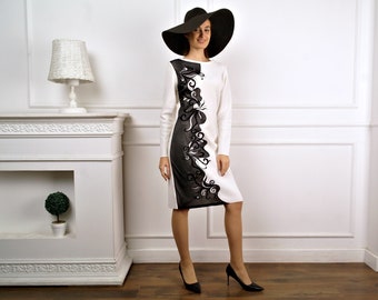 WOOLEN KNIT DRESS, White and Black Knitted Dress, Elegant Woolen Dress with Mesh Application and Embroidery, Elegant Winter Dress