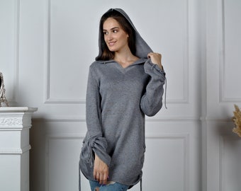 WOOLEN HOODIE, Stricktunika, Warmer Pullover, Wollminikleid, Kurzes Pulloverkleid, Wollpullover, Stricktunika, Wolltunika