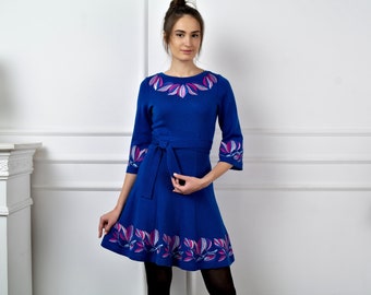 EMBROIDERED KNIT DRESS, Wool Knit Panelled skirt Dress, Wool knitted dress, Warm woolen dress, Stockinette knit dress