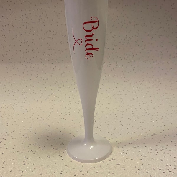 Personalised white plastic champagne flute with name in pretty pink writing - hen do gift - bride flute