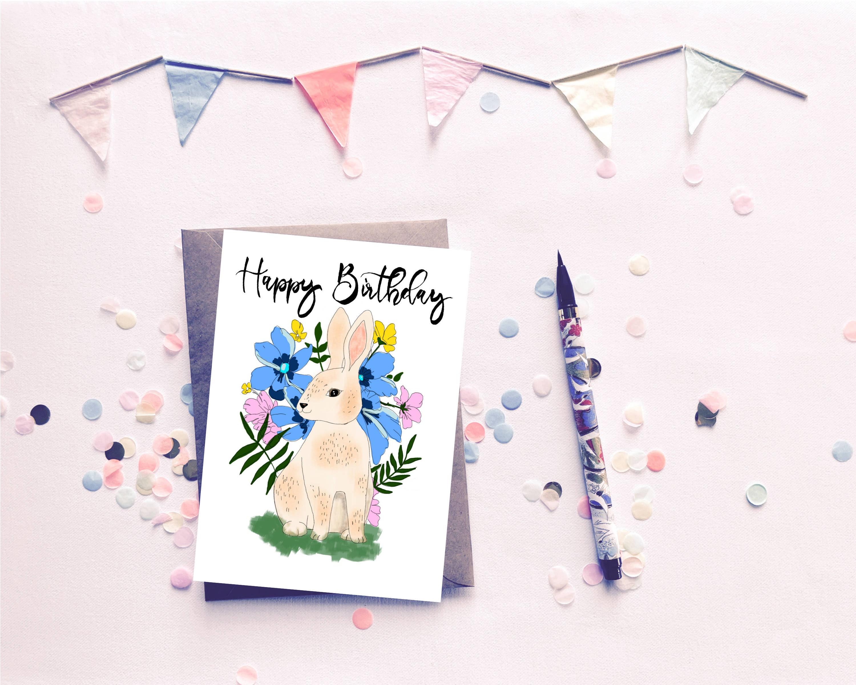 PRINTABLE Birthday Card with Bunny I Happy Birthday Greeting | Etsy