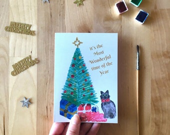 Carte de Noël Chat au pied du sapin, carte double, papeterie Merry Christmas Joyeux Noël, fait main avec amour