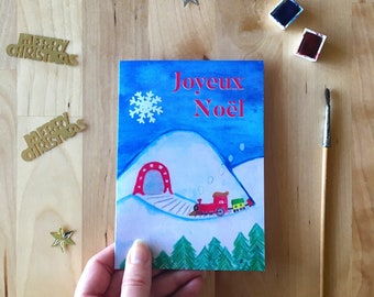 Carte de Noël train dans la neige, carte double, papeterie Merry Christmas Joyeux Noël, fait main avec amour