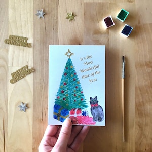 Carte de Noël Chat au pied du sapin, carte double, papeterie Merry Christmas Joyeux Noël, fait main avec amour