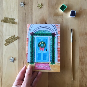Carte de Noël Couronne de Noël sur porte, carte double, papeterie Merry Christmas Joyeux Noël, fait main avec amour
