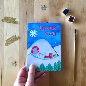 Carte de Noël train dans la neige, carte double, papeterie Merry Christmas Joyeux Noël, fait main avec amour