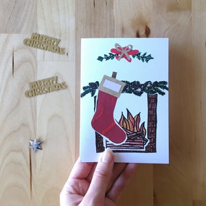 Carte de Noël Botte de Noël sur la cheminée, carte double, papeterie Merry Christmas Joyeux Noël, fait main avec amour