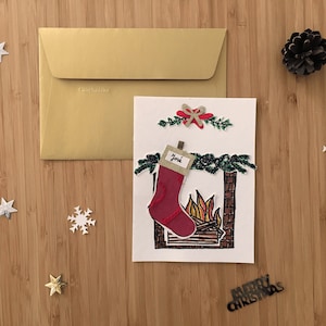 Gepersonaliseerde wenskaart, kerstkaart, gepersonaliseerde kerstlaars/sokkenkaart met voornaam, handgemaakt met liefde