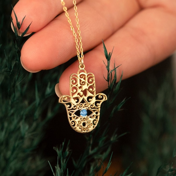 Collier main de Fatima avec pierres de naissance - Collier Hamsa - Collier de protection en couches - Collier de pierres de naissance - Bijoux Hamsa - Cadeau pour elle