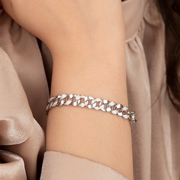 Diamond Chain Bracelet - Mother's Day Gift - Dainty 925 Silver Bracelet - Cuban Link Bracelet - Diamond Bracelet for Women - Gift for Her