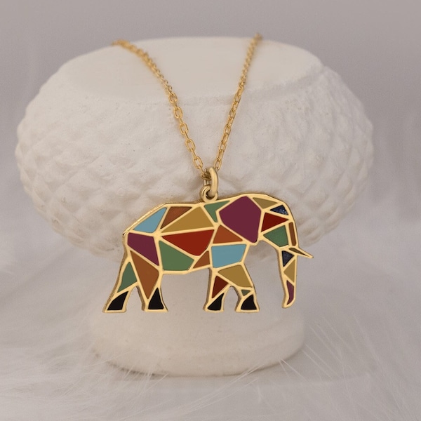 Pendentif éléphant en émail - Cadeau de la Saint-Valentin - Émail multicolore - Bijoux animaux - Collier multicolore - Collier coloré