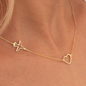 Collar de corazón y avión - Regalo para el Día de la Madre - Volando hacia tu corazón - Collar de corazón - Regalo para amantes de los viajes - Regalo para piloto - Regalo para anfitriona