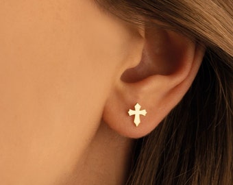 14K Real Gold Tiny Cross Earrings - Mother's Day Gift - Cross Stud Earring - Second Hole Earring - Religious Earring - Minimalist Earring