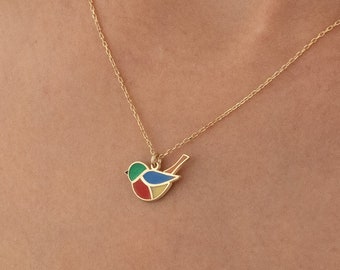Pendentif oiseau en émail - cadeau fête des mères - émail multicolore - bijoux oiseau - adorable collier multicolore - collier oiseau coloré