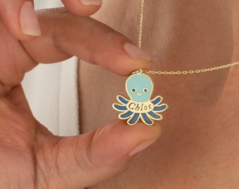 Collier pieuvre en émail - cadeau fête des mères - collier bébé pieuvre - collier prénom personnalisé - cadeau pour enfant - cadeau personnalisé