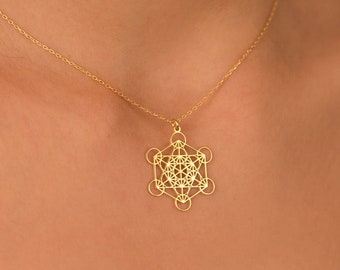 14K Gold Metatron Necklace - Mother's Day Gift - 8K Sacred Geometry Jewelry - Metatron Cube Pendant - Religiosus Symbol Necklace