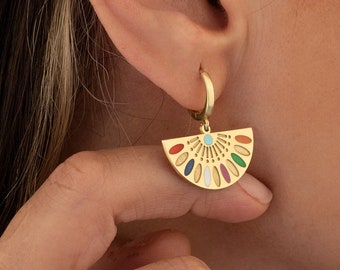 Enamel African Earring - Mother's Day Gift - Multi Color Fan Earring - Enamel Dainty Earring - Boho Enamel Earring - Colorful Earring