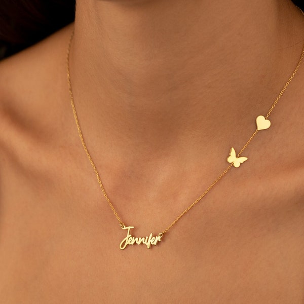 Personalized Name Necklace with Heart and Butterfly - Mother's Day Gift - Silver Necklace - Minimalist Name Necklace - Gold Jewelry