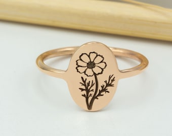 Gold Birth Flower Ring - Mother's Day Gift - Birth Month Flower Ring - Best Friend Rings - Personalized Floral Ring - Floral Signet Ring