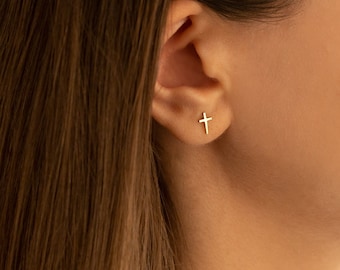 14K Gold Cross Earring - Mother's Day Gift - Real Gold Tiny Cross Tragus Earring - Minimal Stud Cross Earring - Christian Gift