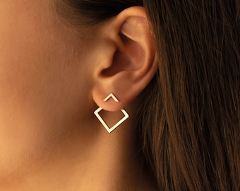 14K Real Gold Ear Jacket Earrings - Mother's Day Gift - Square Earring - Double Earring - Geometric Earrings - Modern Jewelry