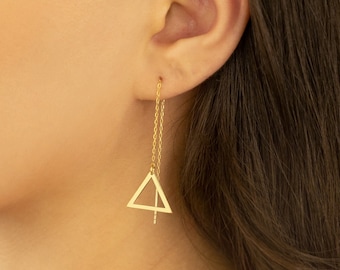 Threader Triangle Chain Earrings - Mother's Day Gift - Dangle Triangle Threader Earrings - Drop Chain Earring - Geometric Jewelry