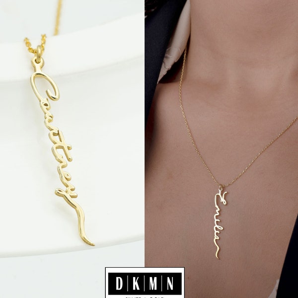 14K Solid Gold Vertical Name Tiny Necklace - Mother's Day Gift - 8K Real Gold Handwriting Necklace - 22K Custom Name Veritical Necklace