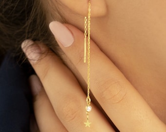 Boucles d'oreilles enfilet diamant petite étoile - Cadeau pour la fête des mères - Boucles d'oreilles pendantes petite étoile - Boucle d'oreille enfile diamant - Bijoux modernes