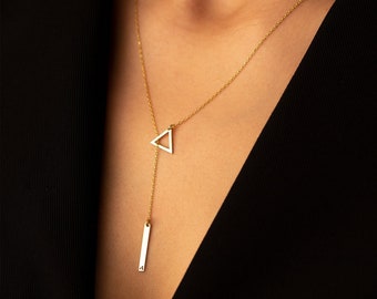 Lariat & Y Necklace - Valentine's Day Gift - Triangle Lariat Necklace With Dropping Bar - Dainty Long Lariat Necklace - Prom Necklace