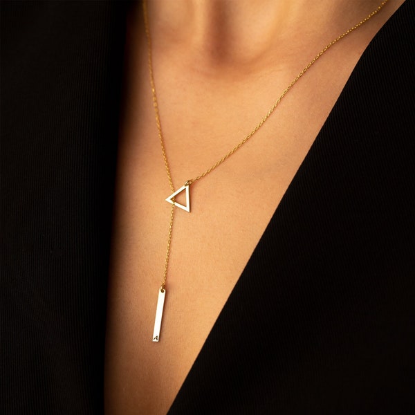 Lariat & Y Necklace - Mother's Day Gift - Triangle Lariat Necklace With Dropping Bar - Dainty Long Lariat Necklace - Prom Necklace