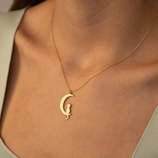 Cat Moon Necklace - Valentine's Day Gift - Cat Charm Necklace - Cat Jewelry - Cat Lover's Gift - Cat Charm Minimalist Necklace