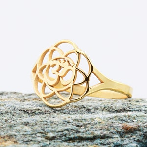 Gold Om Ring - Mother's Day Gift - Flower Of Life Om Symbol Ring - Yoga Ring - Spiritual Gold Jewelry - Lotus Flower Ring - Boho Ring