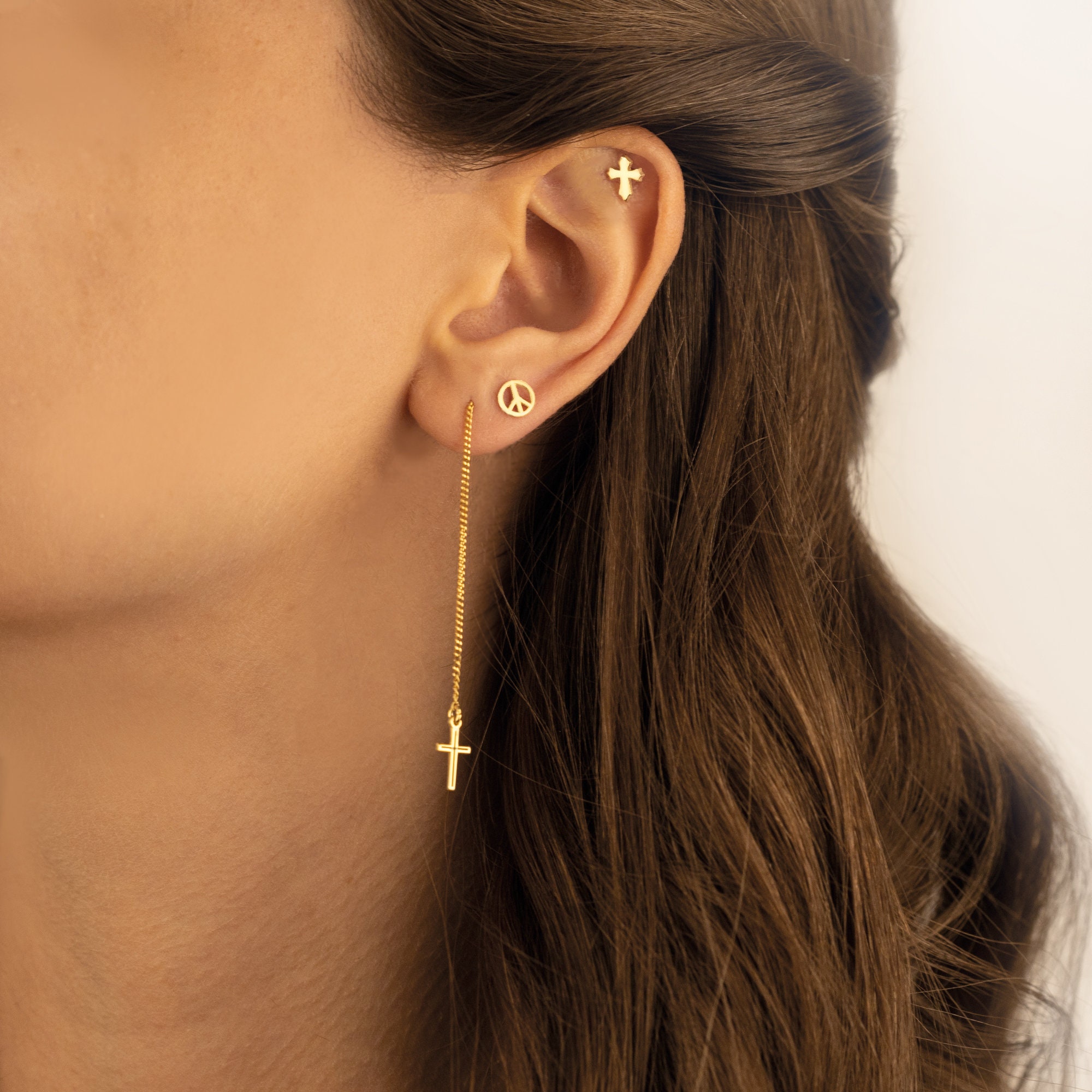 Threader Cross Earring - Mother&#39;s Day Gift - Tiny Cross Threader Earrings - Minimalist Earrings - Cross Dangle Earrings - Christian Gift