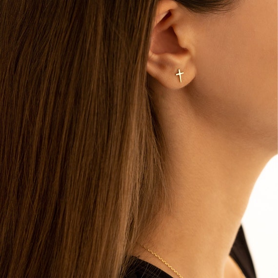 14K Gold Cross Earring Real Gold Tiny Cross Tragus Earrings
