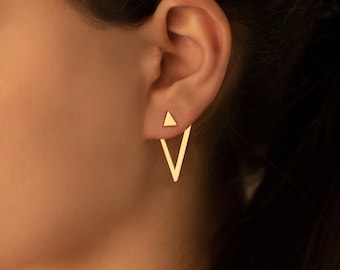 Pendientes de chaqueta de orejas - Regalo de Navidad - Pendiente de triángulo recto - Pendientes únicos - Pendientes dobles - Pendientes geométricos - Joyería moderna