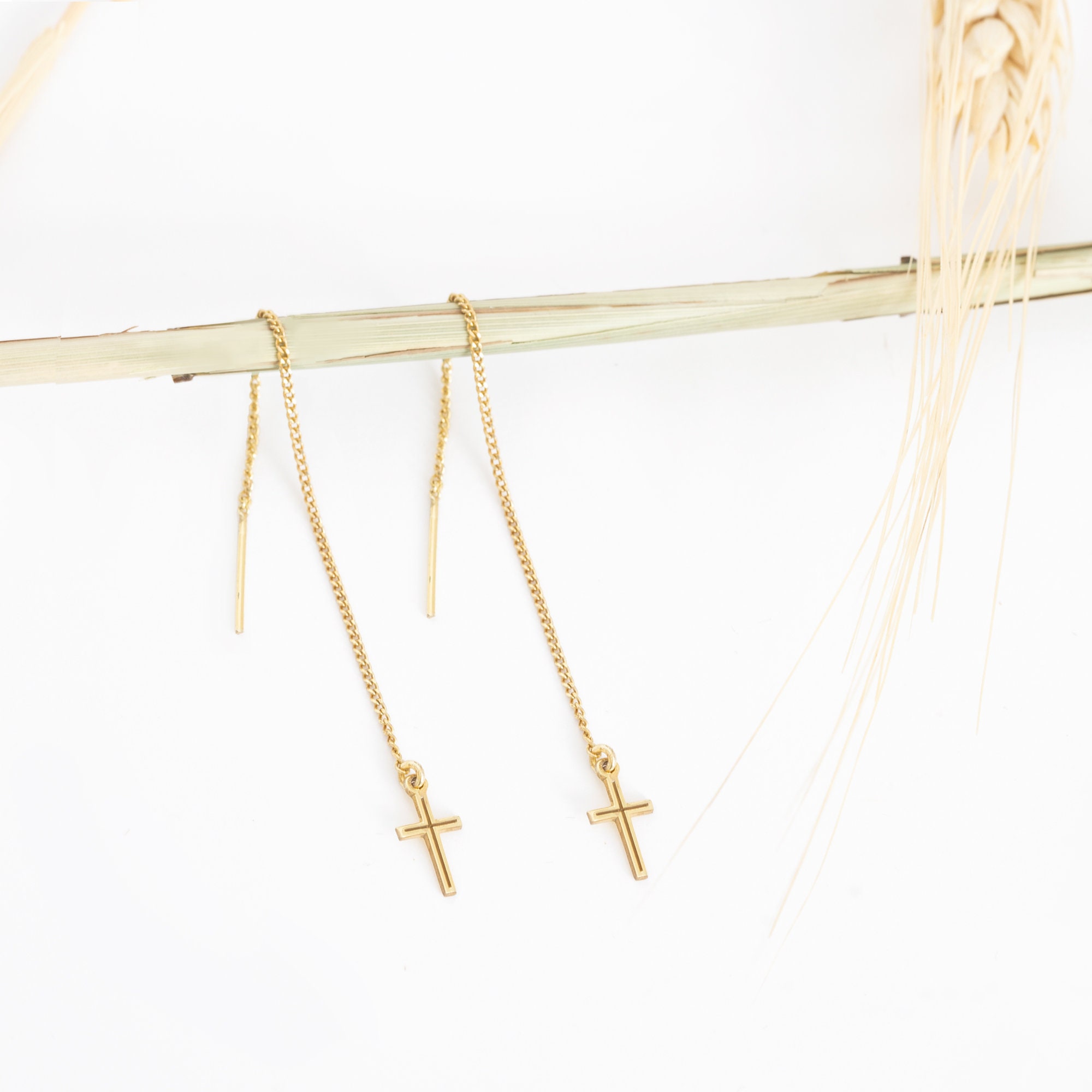 Threader Cross Earring - Mother&#39;s Day Gift - Tiny Cross Threader Earrings - Minimalist Earrings - Cross Dangle Earrings - Christian Gift