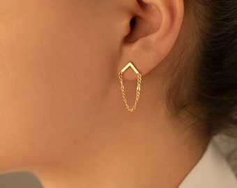 Chain Ear Jacket Earring - Moederdag Cadeau - Chain Dangle Earring - Sierlijk oorjasje - Moderne oorbel - Geometrische oorbel