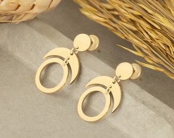 Boucles d'oreilles pendantes phases de lune - Cadeau pour la fête des Mères - Boucle d'oreille rondes - Boucle d'oreille géométrique - Boucle d'oreille céleste - Bijoux modernes
