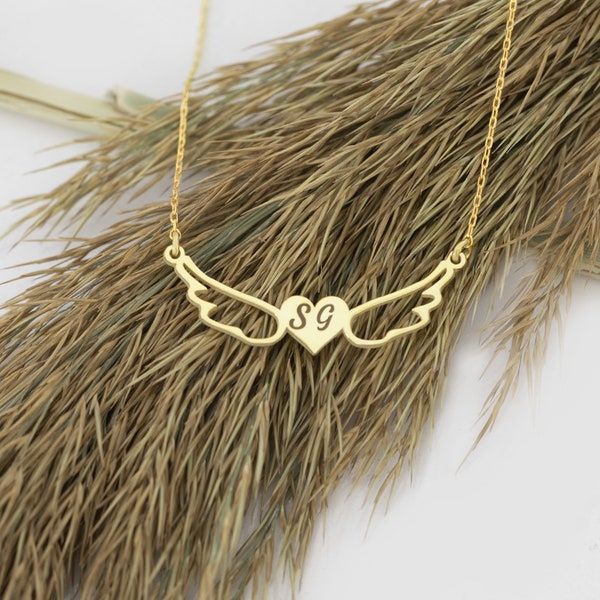 Initial Angel Wings Love Necklace - Mother's Day Gift - Heart Initials Necklace - Heart Initials Necklace - Angel Wings - Gift for Her