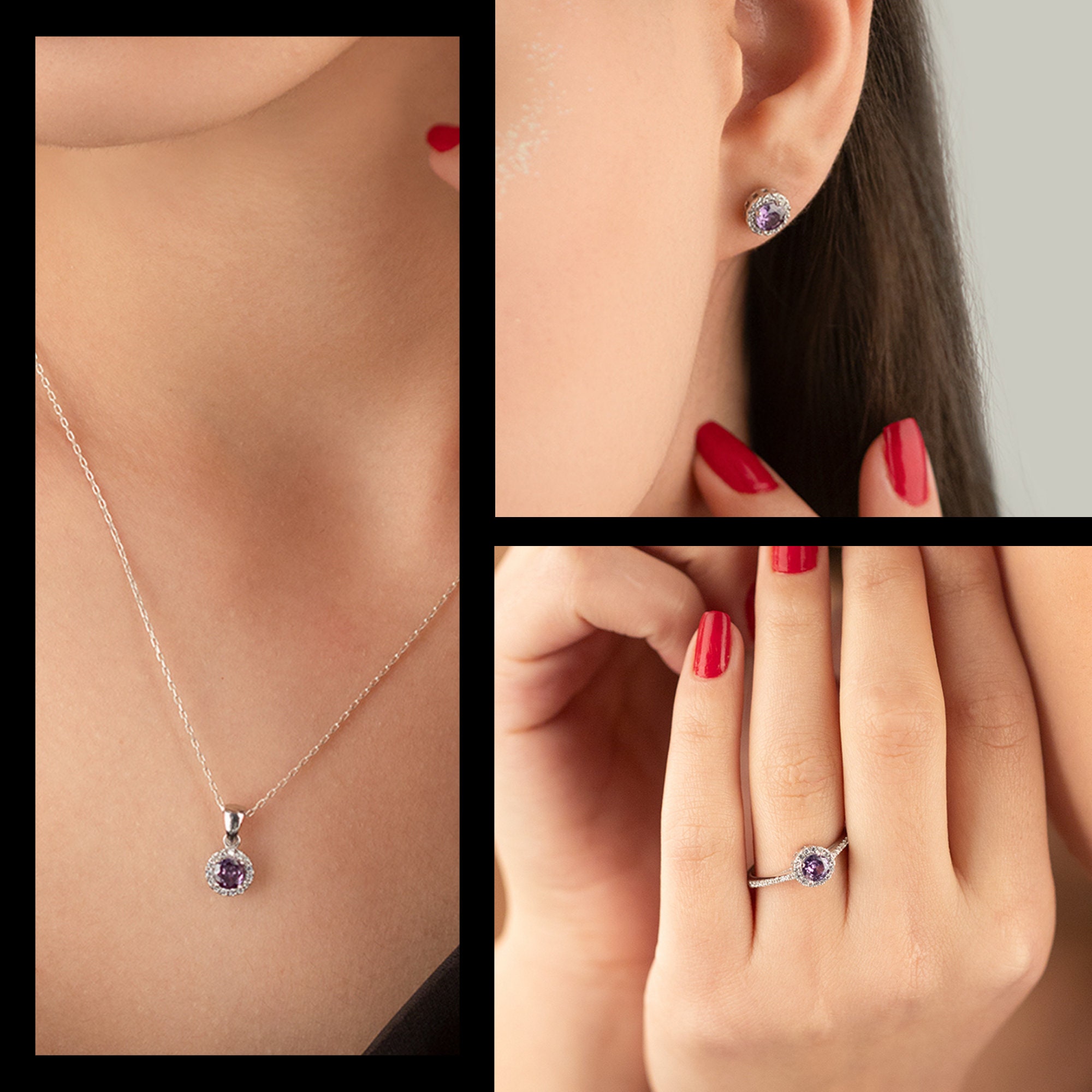 Purple Single Stone Shape Set 3 Pieces: Necklace, Ring