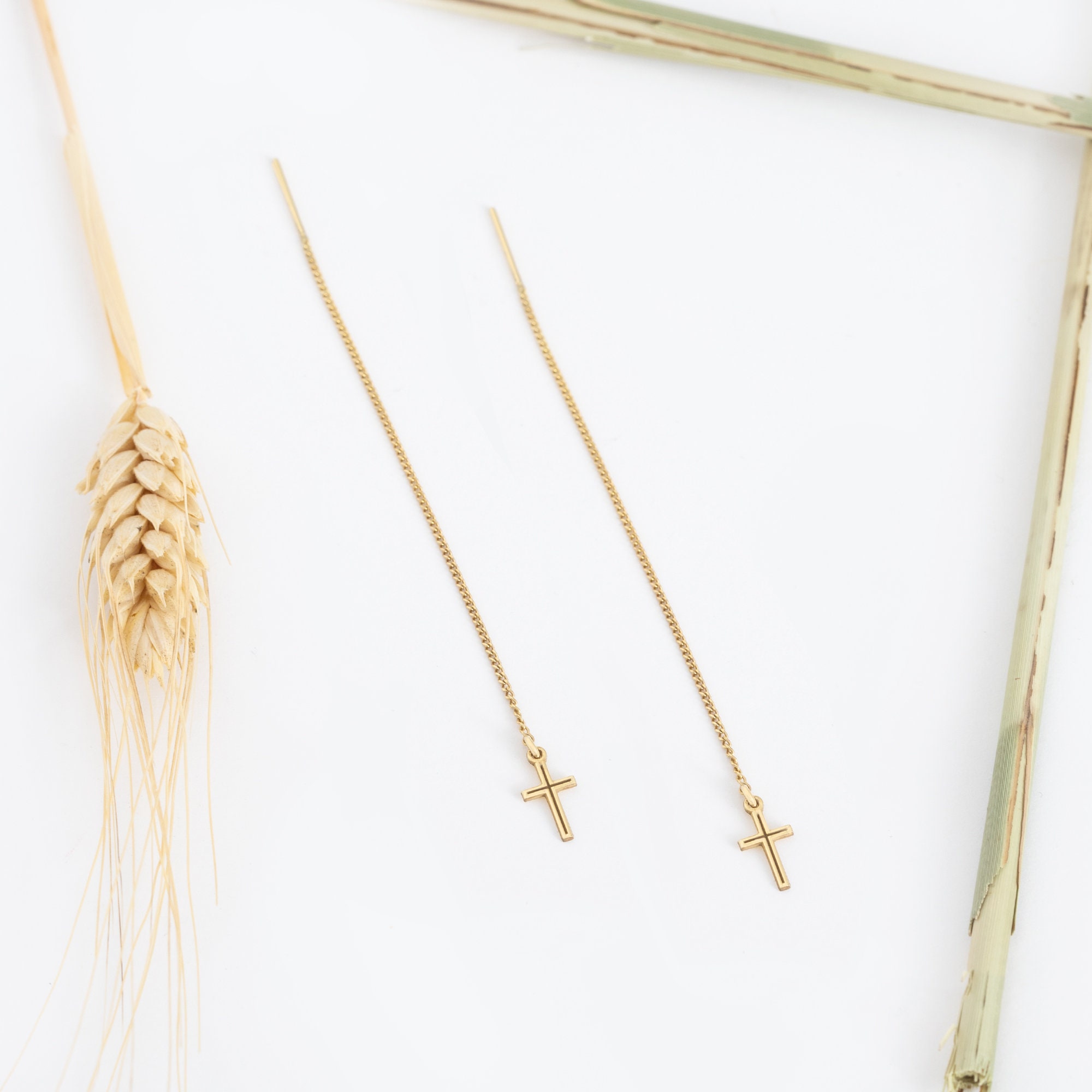 Threader Cross Earring - Mother&#39;s Day Gift - Tiny Cross Threader Earrings - Minimalist Earrings - Cross Dangle Earrings - Christian Gift